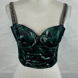 Victoria's Secret Very Sexy Bustier Bra 34C Green Black Tropical Rhinestone